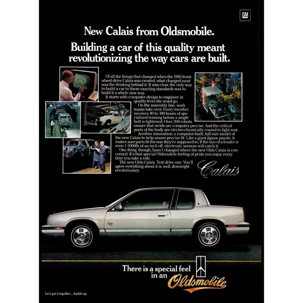 1985 Oldmobile Calais Silver 2 Door Coupe Vintage Print Ad 80s Car Wall Art Olds